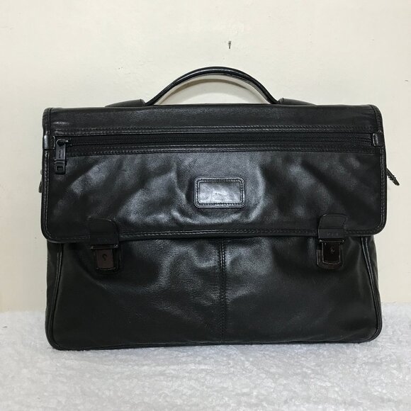 TUMI Black Leather 15" x 11" Soft Side Briefcase - Picture 1 of 16